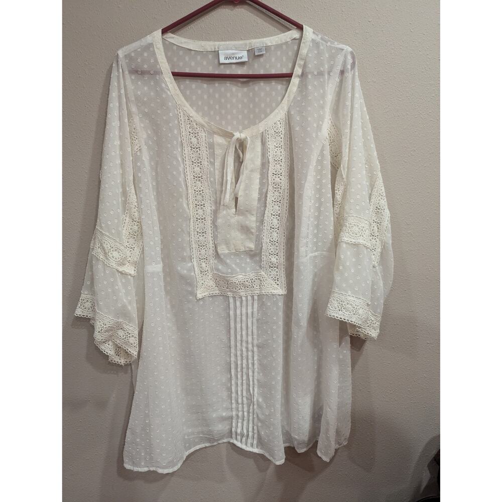 Gauzy billowy ivory 3/4 length sleeve top w/ Swiss dots & lace detail by avenue